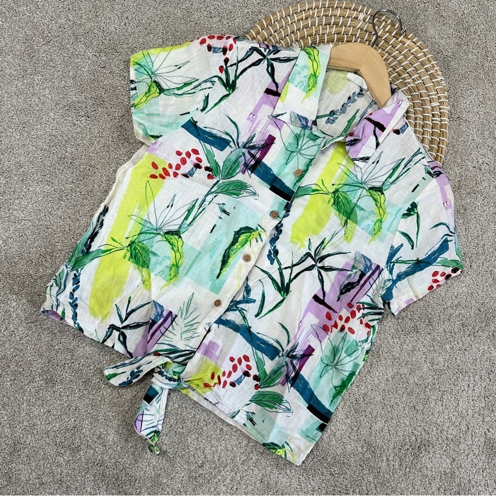 Sigrid Olsen 100% Linen Button Down Shirt Top Tropical Print Multicolor Size S